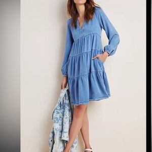 Maeve Anthropologie Denim Blue Layered Knee Length Dress Size Small